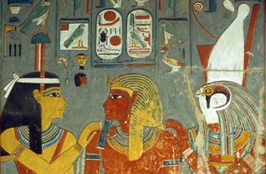 Horus, Horemheb und Hathor, aus dem Grab von Horemheb (ca. 1323-1295 v. Chr.) Neues Reich von Egyptian 18th Dynasty