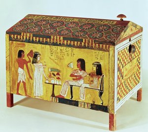 Bemalte Truhe mit einem Bankettszene aus dem Grab von Kha (gest. ca. 1390-52 v. Chr.) gefunden in Deir el-Medina, Neues Reich (Holz)