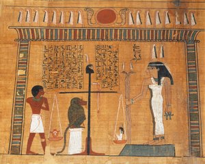 Papyrus des Totenbuchs: der Verstorbene vor dem Gericht des Osiris