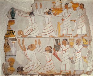 Teil einer bemalten Grabwand, die asiatische Tributträger zeigt, ca. 1400 v. Chr.
