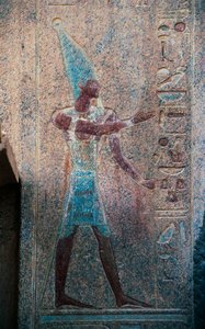 Pharao mit Krone von Oberägypten, Totentempel von Hatschepsut, Deir el-Bahari, Thebanische Nekropole (UNESCO-Welterbeliste)