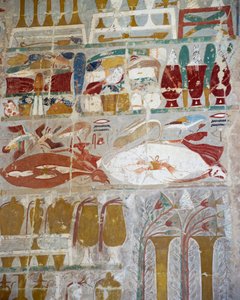 Opfergaben und Keramik, die von Königin Hatschepsut den Göttern dargebracht wurden, bemaltes Relief, Anubis-Kapelle, Totentempel der Königin Hatschepsut, auch bekannt als Djeser-Djeseru, Deir el-Bahri, Theben. Ägyptische Zivilisation, Neues Reich, 18. Dyna