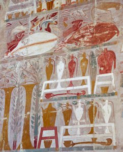 Vorräte und Keramik, die von Königin Hatschepsut den Göttern angeboten werden, bemaltes Relief, Kapelle des Anubis, Totentempel der Königin Hatschepsut, auch bekannt als Djeser-Djeseru, Deir el-Bahri, Theben. Ägyptische Zivilisation, Neues Reich, Dynastie 
