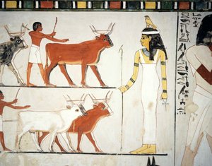 Hirten und Vieh vor der Göttin Imentet, Fresko, Südwand, Längskammer, Thebanisches Grab TT69, Sheikh Abd el-Qurna, Theben (Unesco-Welterbeliste) von Egyptian 18th Dynasty