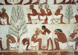Soldaten, die sich die Haare schneiden lassen, Detail aus den Fresken im Grab von Userhat, Sheikh Abd el Qurnah Nekropole, Luxor, Theben (Unesco-Weltkulturerbe) von Egyptian 18th Dynasty