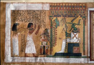 Der verstorbene Kha und seine Frau Merit verehren Osiris, Herrn des Jenseits. Papyrus aus dem Totenbuch, aus der Grabkammer des Architekten Kha