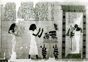 Der Verstorbene begleitet von seiner Schwester, um Osiris zu huldigen, Detail aus dem Totenbuch, Neues Reich