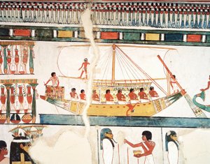 Das Sonnenschiff, Detail der Pilgerfahrt nach Abydos, Fresko, Nordwand, langer Speisesaal, Thebanisches Grab TT69, Sheikh Abd el-Qurna, Theben (Unesco-Welterbeliste) von Egyptian 18th Dynasty
