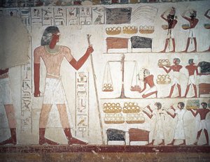 Das Wiegen von Kupfer, Fresko, Grab des Userhat, Lehrer und Schreiber während der Herrschaft von Amenophis II., auch bekannt als Grab TT56, Scheich Abd el-Qurna, Theben (Unesco-Welterbeliste)