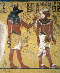Tutanchamun wird von Anubis und Hathor begrüßt und bietet ihnen das Ankh an, Fresko, Südwand der Grabkammer, Grab von Tutanchamun (KV62), Tal der Könige, Theben, Ägypten. Ägyptische Zivilisation, Neues Reich, Dynastie XVIII.