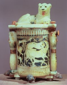 Salbgefäß mit einer Figur des Königs als Löwe, aus dem Grab von Tutanchamun (ca. 1370-52 v. Chr.) Neues Reich (bemalter Alabaster)