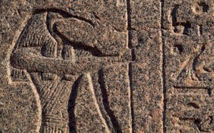 Darstellung von Thoth, Detail der Inschrift und des Reliefs von Thoth und Horus, Amenhoteps Sarkophag, Memphis (UNESCO-Welterbeliste)