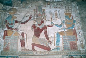 Ägypten, Abydos, Tempel des Pharaos Seti I., Osiris-Kapelle, bemaltes Relief