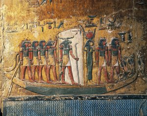 Ägypten, Luxor, Altes Theben, Tal der Könige, Grab von Sethos I., Fresken mit Sonnenbarke und Widderkopf-Gott von Egyptian 19th Dynasty