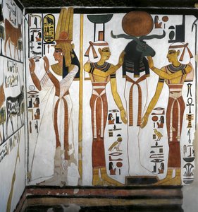 Ägypten, Theben, Luxor, Tal der Königinnen, Grab von Nefertari, Anbau zur Vorkammer, Wandmalereien, Königin vor göttlicher Entität, die Osiris darstellt, ruht in Ra im Kreis der Göttinnen Isis und Nephthys