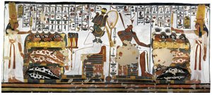 Ägypten, Theben, Luxor, Tal der Königinnen, Grab von Nefertari, Anbau an die Vorkammer, Wandmalereien, Königin opfert vor Osiris und Atum von Egyptian 19th Dynasty