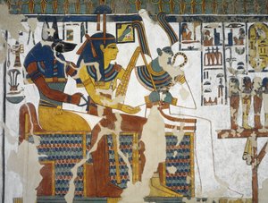 Ägypten, Theben, Luxor, Tal der Königinnen, Grab von Nefertari, Wandmalerei von Anubis, Isis und Osiris in der Grabkammer aus der 19. Dynastie