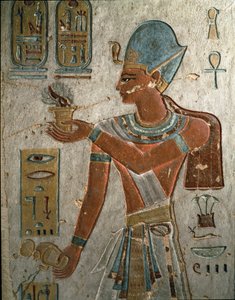 Ägyptische Antiquität: Pharao Ramses I. (1320-1310 v. Chr.) stellt Weihrauch und Wasser bei einer Zeremonie dar. Grab von Ramses I., Tal der Könige, Ägypten von Egyptian 19th Dynasty