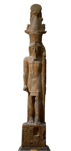 Ägyptische Antiquität: Statue des Pharaos Sethi II (1200-1194 v. Chr.) der 19. Dynastie im rosa Gres, trägt ein Zepter mit dem Symbol des Gottes Amon. Ägyptisches Museum von Turin