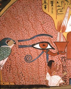 Ägyptische Antiquität: Der Handwerker Pached kniet in Anbetung neben ihm, das Auge des Horus Oudjat. Fresko aus dem Grab von Pachedou, Deir el Medinet, Ägypten von Egyptian 19th Dynasty