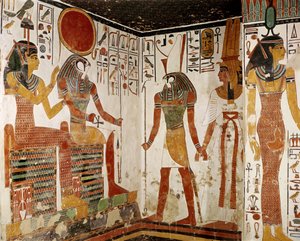 Nefertari wird von Horus vor den Gott Re-Horakhty gebracht, aus dem Grab von Nefertari, Neues Reich (Wandmalerei)