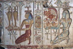 Opferszene, Relief, Tempel von Ramses II, Abydos, Ägypten, ägyptische Zivilisation, Neues Reich, Dynastie XIX
