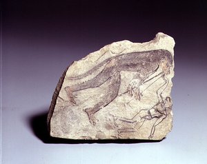 Ostrakon mit einer Figur eines Affen, der eine Flöte spielt, Neues Reich von Egyptian 19th Dynasty