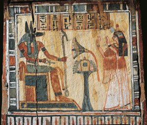 Bemalte Holzkiste mit Darstellung des Verstorbenen und des Gottes Anubis, für Shabtis von Tamutnofret von Egyptian 19th Dynasty