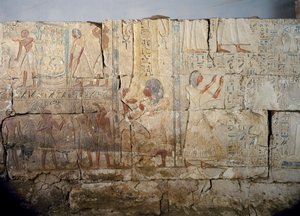 Relief aus dem Grab von Netcherouymes, wichtiger Beamter von Ramses II, Saqqara, Regierungszeit von Ramses II. Ägyptische Zivilisation, Neues Reich, Dynastie XIX