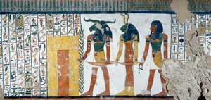 Die drei Genien, die das zweite Tor des Reiches des Osiris bewachen, Totenbuch, Kapitel 144, Detail aus den Fresken in der Grabkammer von Nefertari, Tal der Königinnen, Luxor, Theben. Ägyptische Zivilisation, Neues Reich, Dynastie XIX von Egyptian 19th Dynasty