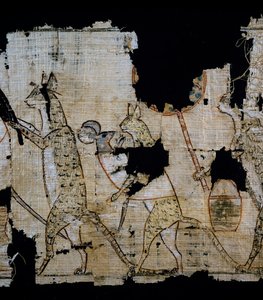 Papyrus, der eine satirische Szene darstellt, ca. 1100 v. Chr., aus der Regierungszeit von Ramses IX., Detail, Ägyptische Zivilisation, Neues Reich, Dynastie XX