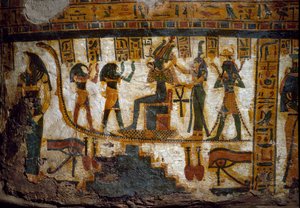 Kunst Ägyptens: Osiris empfängt Tribute von vier Gottheiten: Thot, Maat, Heka und Harsiesi. Einer der Götter hält den Lebensschlüssel in Form eines Ankh. Unten zwei Darstellungen des Auges Oudjat (Auge des Horus)