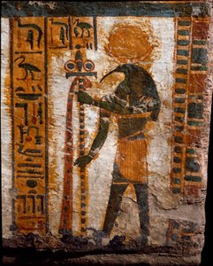 Ägyptische Antike: Thot, der Mondgott, in Form eines Mannes mit Ibis-Kopf. Dekoration des anthropoiden Sarkophags des Schreibers Butehamon, 21. Dynastie (1085-935 v. Chr.) von Egyptian 21st Dynasty