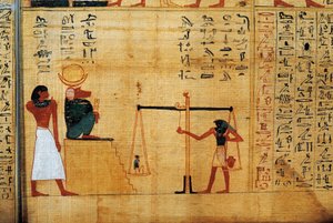 Mythologischer Papyrus von Imenemsauf, Oberster Träger von Amon. Detail: Seelenwägung vor dem Pavian-Gott Thot
