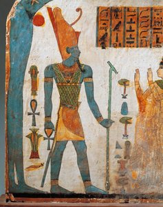 Stele der Dame Taperet, bemalte Holzstele, Seite B: Taperet betet zu Gott Atum, der untergehenden Sonne von Egyptian 22nd Dynasty