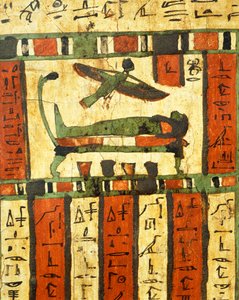 Verputztes und bemaltes Holz, das den Verstorbenen auf dem Totenbett zeigt, während die Seele, Ba, ins Jenseits fliegt, aus dem Sarkophag von Tashakheper, Theben