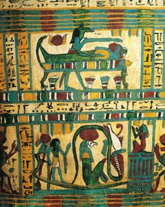 Verputztes und bemaltes Holz, das den Gott Anubis zeigt, der die Mumie des Verstorbenen und das Sonnenboot mit dem Gott Ra schützt, aus dem Sarkophag von Usai, Theben von Egyptian 26th Dynasty