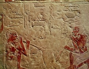 Relief, das Glasbläser darstellt, aus dem Mastaba von Kaemrehu, Saqqara, Altes Reich, ca. 2325 v. Chr.