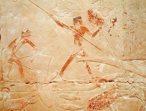 Relief, das das Fischen mit einem Netz und das Harpunieren eines Nilpferds darstellt, aus dem Grab der Prinzessin Idut, Altes Reich, ca. 2330 v. Chr. von Egyptian 6th Dynasty Egyptian 6th Dynasty
