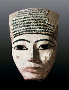 Altes Ägypten: Porträt für einen ägyptischen Sarkophag. 17.-12. Jahrhundert v. Chr. Polychrome Holzschnitzerei. Monistrol von Montserrat, Montserrat Museum. von Egyptian Egyptian