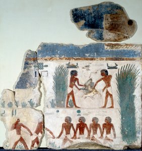 Ägyptische Antiquität: Sommeranfang. Vögel werden von zwei Bauern getötet. Detail eines bemalten Kalksteinfreskos aus dem Sonnentempel von Abu Gurob. Berlin, Ägyptisches Museum von Egyptian Egyptian