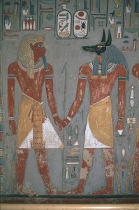 Pharao und Anpu halten sich an den Händen