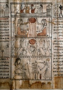 Ägyptische Antike: Solarsymbolik. Papyrus aus einem Totenbuch. Ptolemäische Zeit. Turin, Ägyptisches Museum von Egyptian Ptolemaic Period