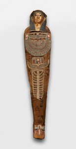 Mumie von Nesmin mit Pflanzenkranz, Mumienmaske und anderen Kartonageelementen, 200-30 v. Chr.