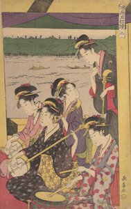 Eine Gruppe von Geishas in einem Suzumi-bune, d.h. Abkühlungsboot. Zweite Szene eines Bootsausflugs, ca. 1796