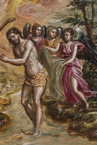 Tragbarer Altar: Detail des rechten Türflügels, der die Taufe Christi darstellt von El Greco