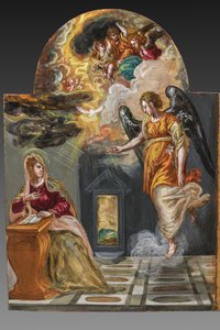 Tragbarer Altar, linke Türtafel auf der Rückseite: Verkündigung (Detail) von El Greco
