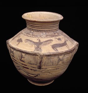 Gefäß mit einem Raubvogel mit ausgebreiteten Flügeln und anderen Tieren, Fasa-Keramik, ca. 2000 v. Chr.