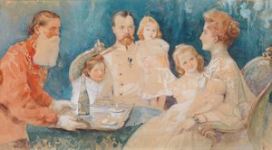 Zar Nikolaus II. und Alexandra Fjodorowna mit ihren Töchtern Olga, Tatiana, Maria und Anastasia von Elena Petrovna Samokish Sudkovskaya