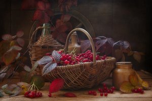 Stillleben mit scharlachroten Viburnum-Herbstzweigen und Beeren im Vintage-Stil
